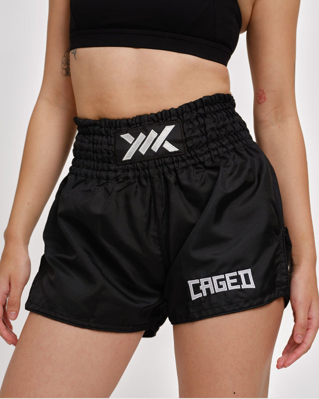 Shorts de Muay Thai Caged Classic – Noir/Blanc femme