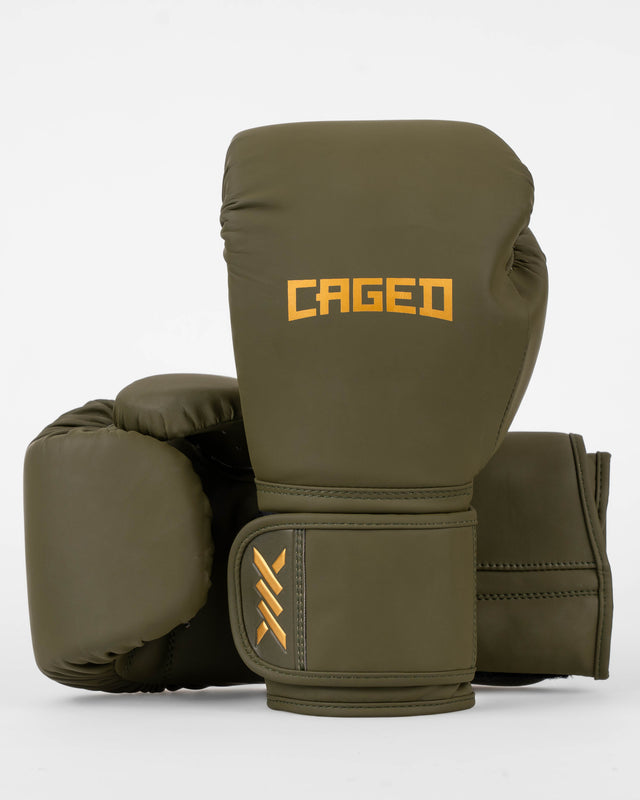 Caged Core Boxing Gloves - Khaki Green/Gold