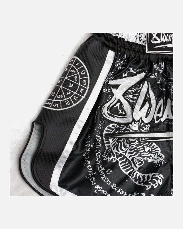 8 WEAPONS Muay Thai Shorts Carbon Sak Yant Tigers – Black
