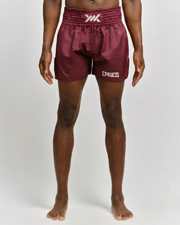 Caged Muay Thai Shorts Classic - Bordeaux Red/White