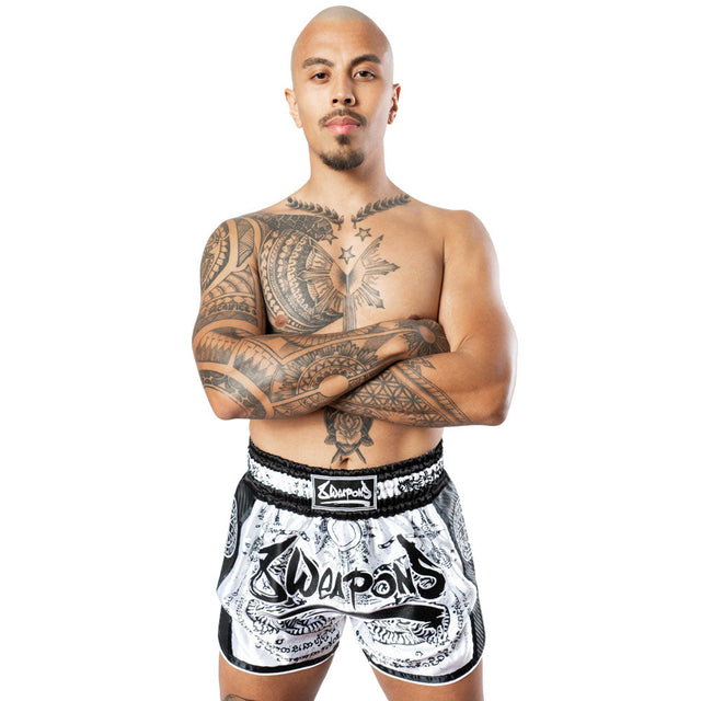 8 WEAPONS Muay Thai Shorts Carbon Sak Yant Tigers – White