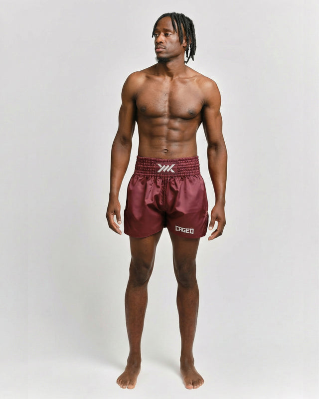 Caged Muay Thai Shorts Classic - Bordeaux Red/White