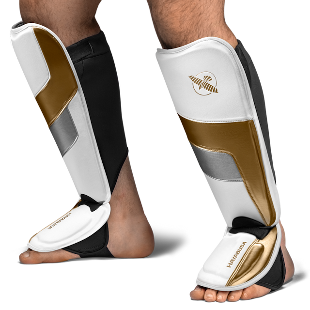 Hayabusa T3 Full Shin Guards - White/Gold