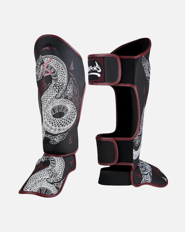 8 WEAPONS Shin guards Sak Yant Naga – Black/Burgundy
