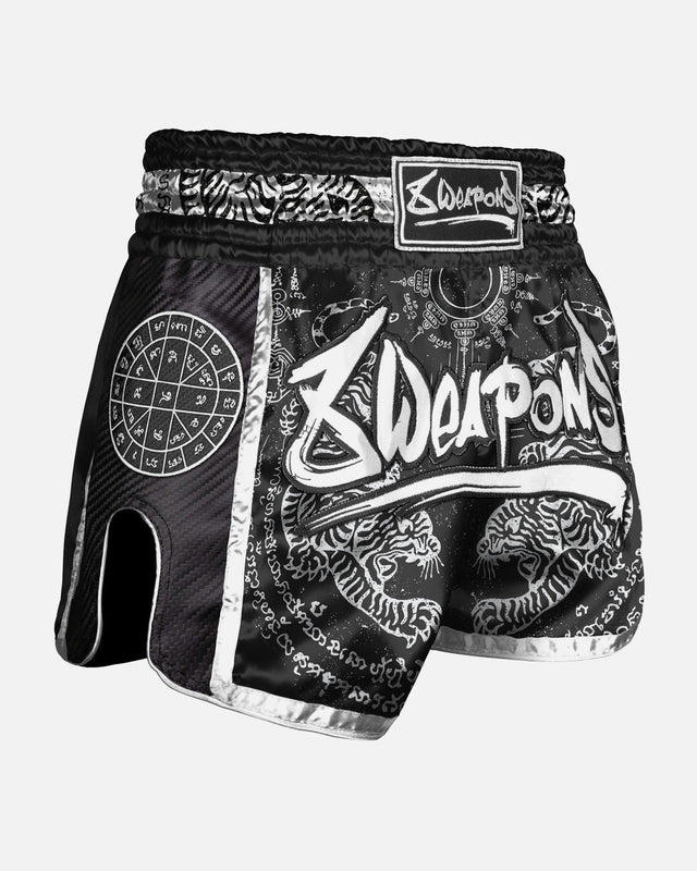 8 WEAPONS Muay Thai Shorts Carbon Sak Yant Tigers – Black
